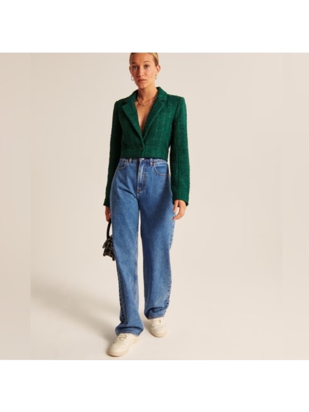 Abercrombie & Fitch Green Tweed Single Breasted Cropped Blazer size small